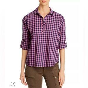 Tommy Bahama Bonita Women’s Checked Popover Shirt V-Neck Cotton Purple Size S